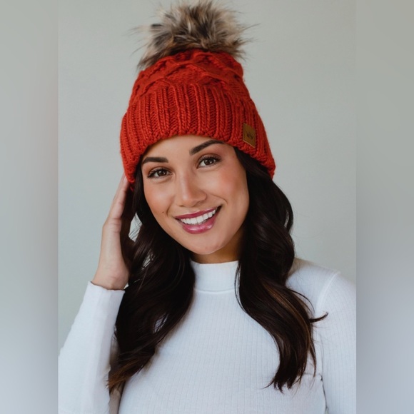 Orange Knit Beanie with Faux Fur Pom - Picture 3 of 4